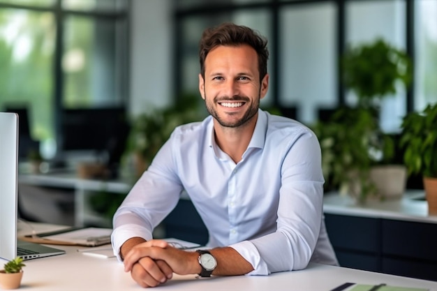 Foto porträt mann im innenraum büro selbstvertrauen stehend geschäftsführer lächeln geschäftsmann professionelles geschäft generative ki