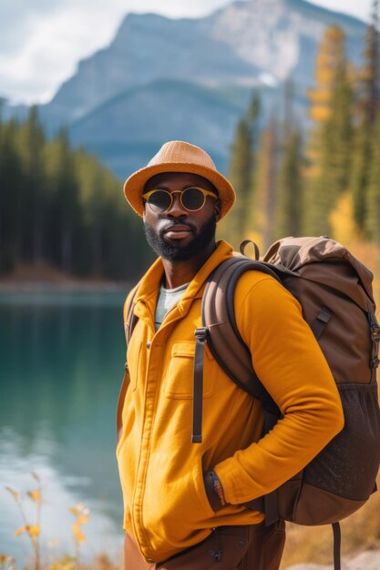 Porträt mit Bergsee im Hintergrund, gelbe Jacke, Hut, Sonnenbrille und Rucksack, männlicher Afroamerikaner, der allein reist