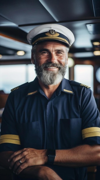 Foto porträt-schiffskapitän in uniform steht auf dem deck und lächelt warm in die kamera