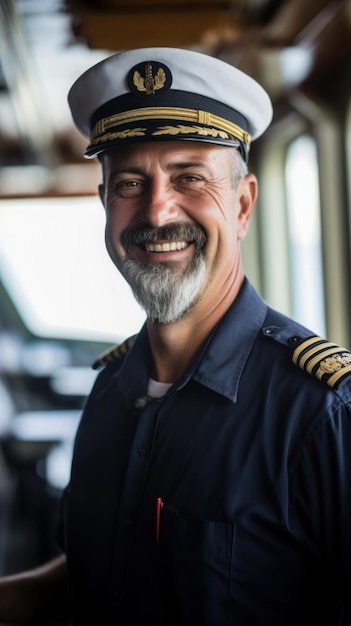 Porträt-Schiffskapitän in Uniform steht auf dem Deck und lächelt warm in die Kamera