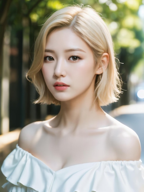 Porträt schöner junger koreanischer Frauen in weißem Kleid auf der Straße