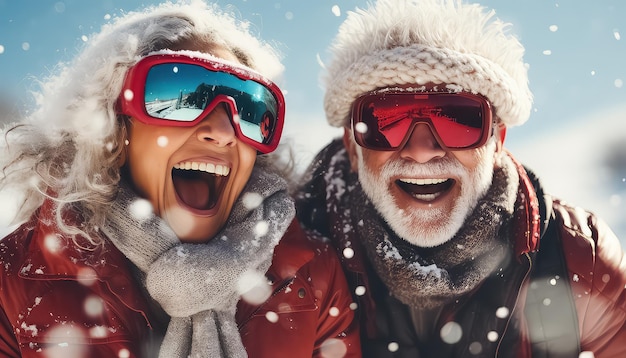 Foto porträt-selfie von zwei glücklichen menschen zusammen im winterwald