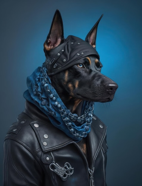 Porträt von bösen Hunden, die eine Jacke auf blauem Hintergrund tragen Erstellte generative KI