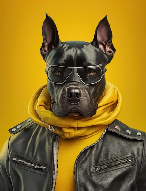 Porträt von bösen Hunden, die eine Jacke auf gelbem Hintergrund tragen Erstellte generative KI
