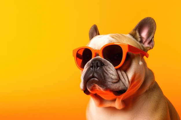 Porträt von Bulldogg mit Sonnenbrille auf orangefarbenem Hintergrund