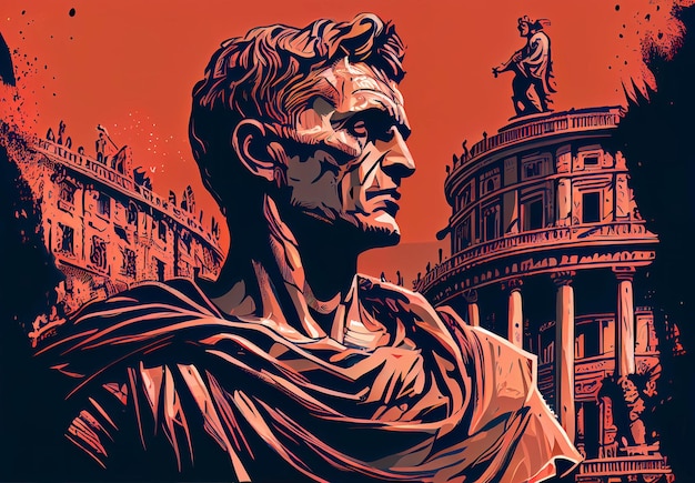 Porträt von Caesar auf dem Hintergrund von Rom