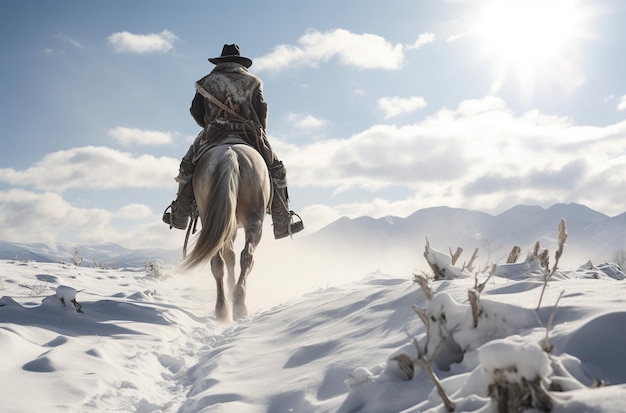 Porträt von Cowboys auf Pferden im Schnee