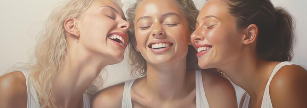 Foto porträt von drei glücklichen frauen, die lachen und auf weißen hintergrund in die kamera schauen