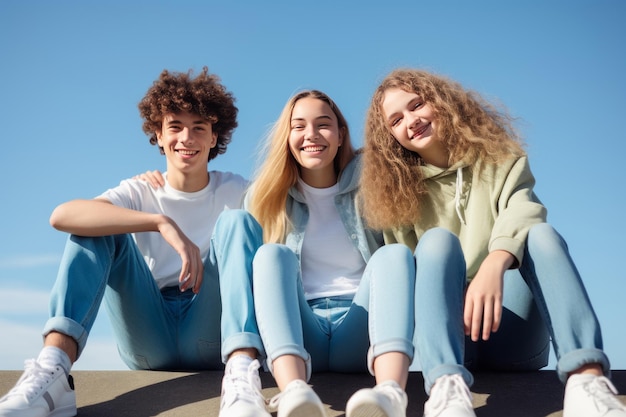 Porträt von drei lächelnden Teenagern in Jeans und Turnschuhen, die auf der Wand sitzen. KI-generiert