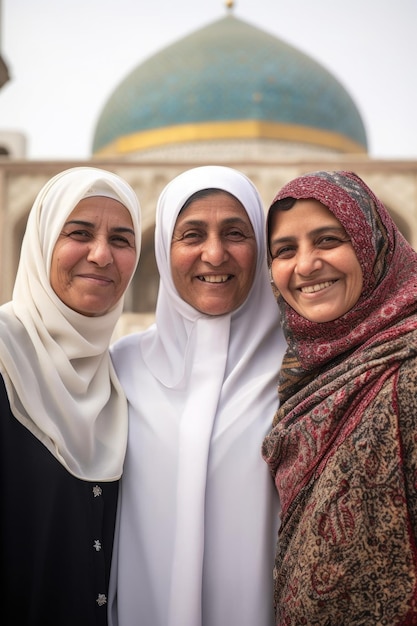 Foto porträt von drei lächelnden weiblichen muslimen, die vor einer moschee stehen