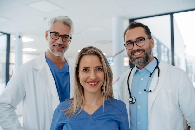 Porträt von drei selbstbewussten Ärzten, die im Krankenhauskorridor stehen, medizinisches Team in weißem Kleid