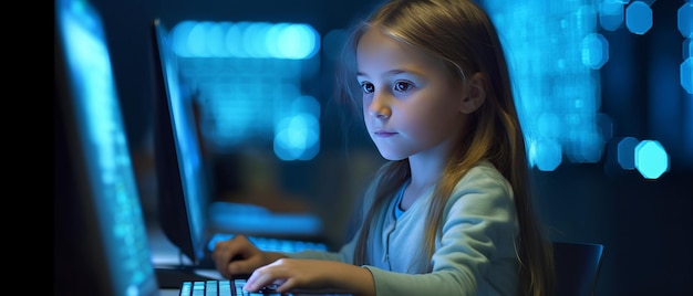 Porträt von einem Mädchen, das mit einem weichen, verschwommenen Freund in einem Computerlab kodieren lernt