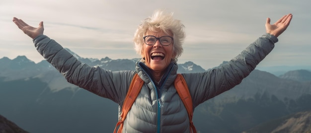 Porträt von einer älteren Frau, die auf einer Bergspitze lacht und feiert