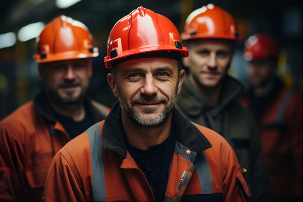 Foto porträt von fabrikarbeitern in uniformen und helmen, generiert von ki