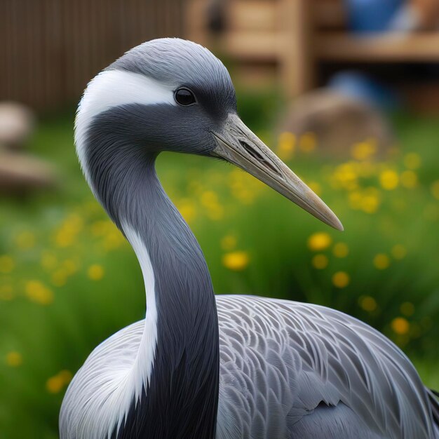 Porträt von Grus Grus auf einem Hintergrund von grünem Gras