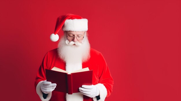 Porträt von ihm er attraktiv erstaunt verblüfft wunderte fett weißhaariger Weihnachtsmann liest Buch Bildung isoliert über hellen lebhaften Hintergrundfarben