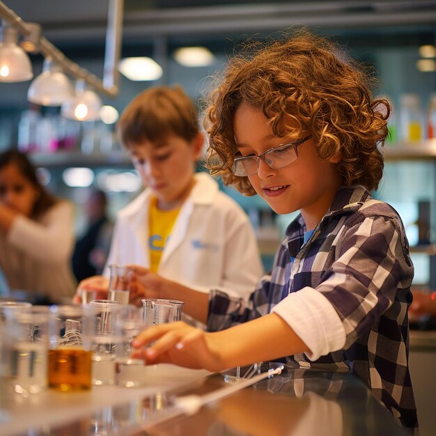 Foto porträt von kindern, die praktische wissenschaftliche erfahrungen im labor machen