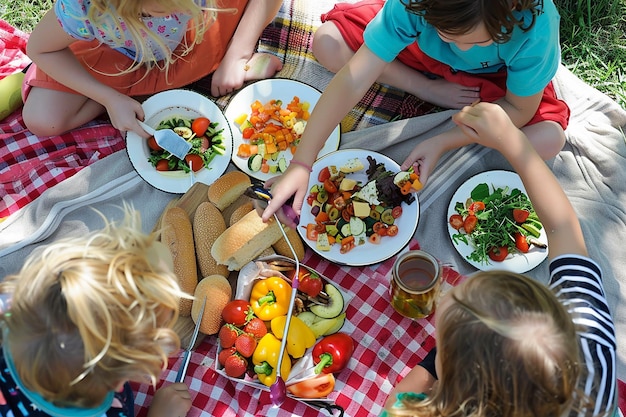 Foto porträt von kindern, die sich an einem picknick im freien erfreuen