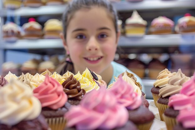 Foto porträt von kindern in einem sprinkles showdown cupcake-süßigkeitenwettbewerb