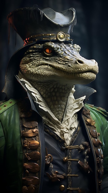 Porträt von Krokodil Pirat Sumpf Kapitän Kostüm Reptilien Dreikorn Hut Tierkunst Sammlungen