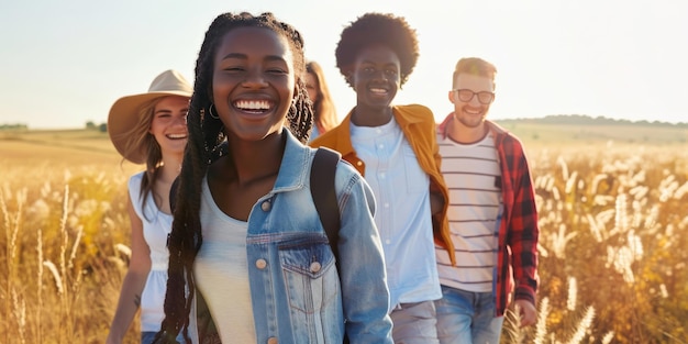 Porträt von lächelnden jungen Freunden, die gemeinsam im Freien spazieren gehen