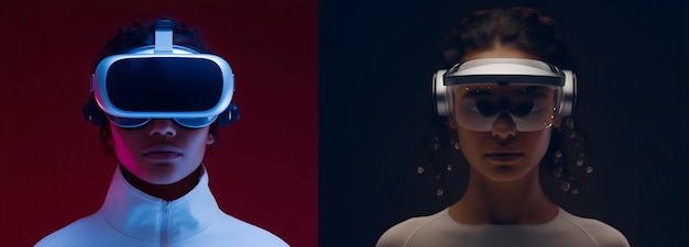 Porträt von Mann und Frau in VR-AR-Masken-Headset mit durchsichtigem Glas Futuristisches Konzept Neue Technologie Generative Ai