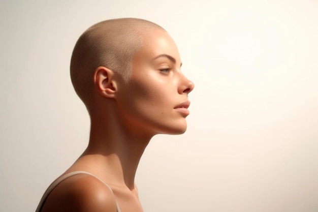 Porträt von nachdenklicher Traurigkeit mit Onkologie junge Frau haarlos nach Chemotherapie Tief denkende kranke kahle Jugend weibliche Mädchen mit Krebs Gefühl Enttäuschung generiert KI
