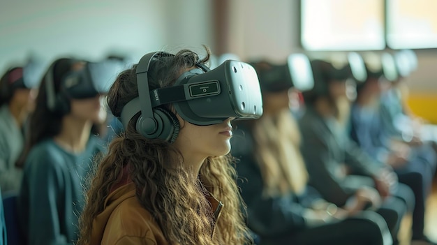 Foto porträt von schülern der ganzen klasse, die eine vr-box tragen und die realität digital mit einem verschwommenen hintergrund im klassenzimmer erleben