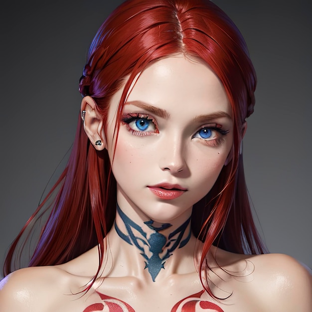 Porträt von Tattoo blaue Augen rotes Haar braune Haut Frau