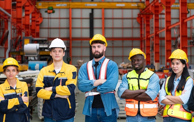 Porträt von zuversichtlichen Fabrikarbeiterinnen, die mit gekreuzten Armen stehen und in die Kamera schauen