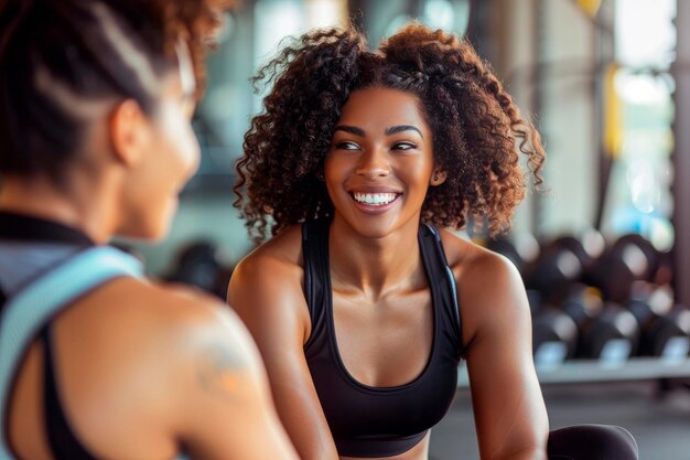 Foto porträt von zwei afrikanisch-amerikanischen sportlichen mädchen, die sich im fitnessstudio unterhalten