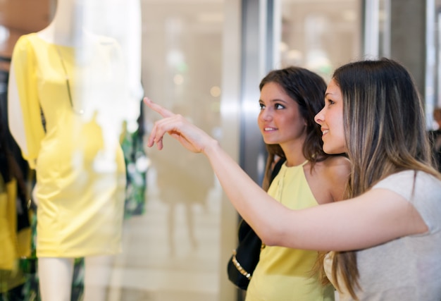 Foto porträt von zwei frauen, die zusammen kaufen