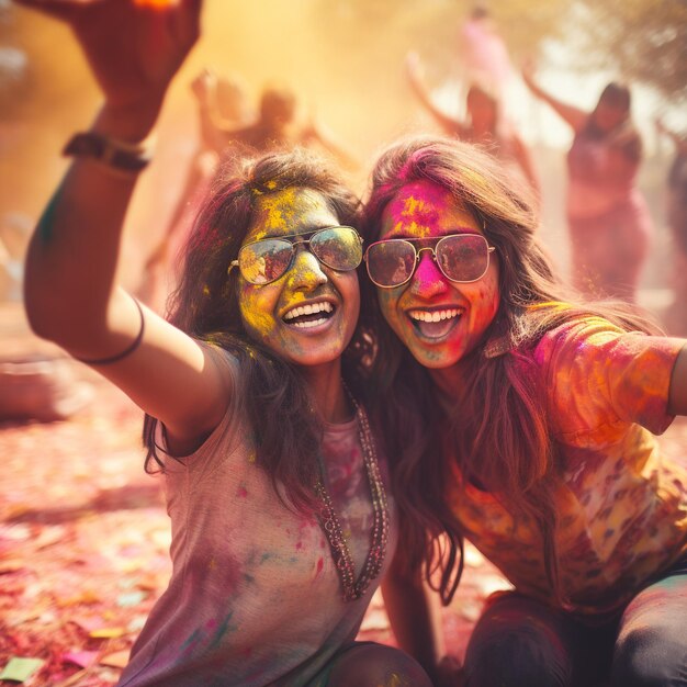 Porträt von zwei glücklichen jungen Frauen, die mit farbigem Pulver bedeckt sind und sich beim Holi-Festival amüsieren