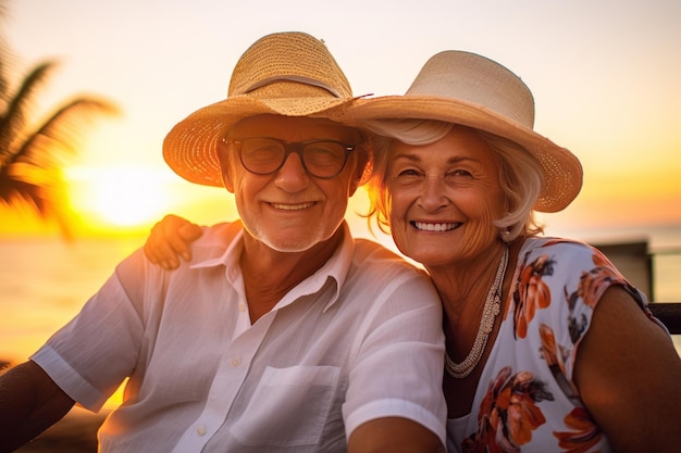 Porträt von zwei glücklichen Senioren, die ihre goldenen Ruhestandsjahre bei einem Sonnenuntergang am Strand genießen