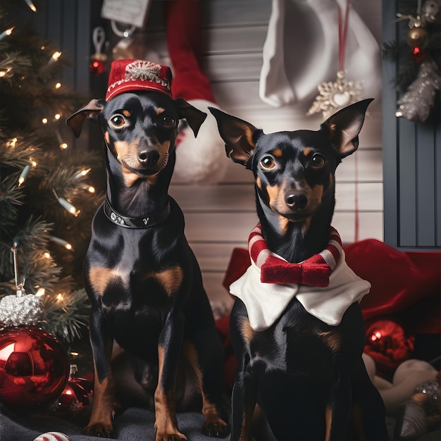 Foto porträt von zwei miniatur-pinscher-hunden mit weihnachtsdekorationen im hintergrund ai generative