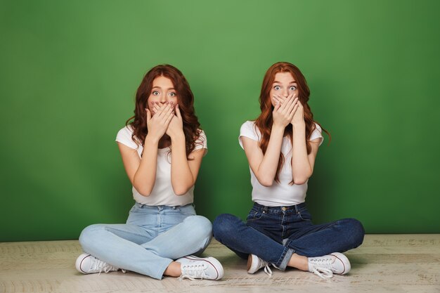 Foto porträt von zwei schockierten jungen rothaarigen mädchen, die auf einem boden sitzen