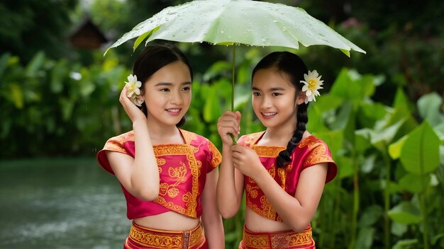 Porträt von zwei schönen Mädchen in thailändischer Tradition kleiden und legen schöne Blume auf ihr Ohr nehmen o