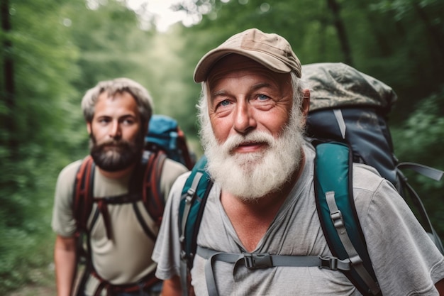 Porträt zweier Freunde, die gemeinsam eine Wanderung unternehmen, erstellt mit generativer KI