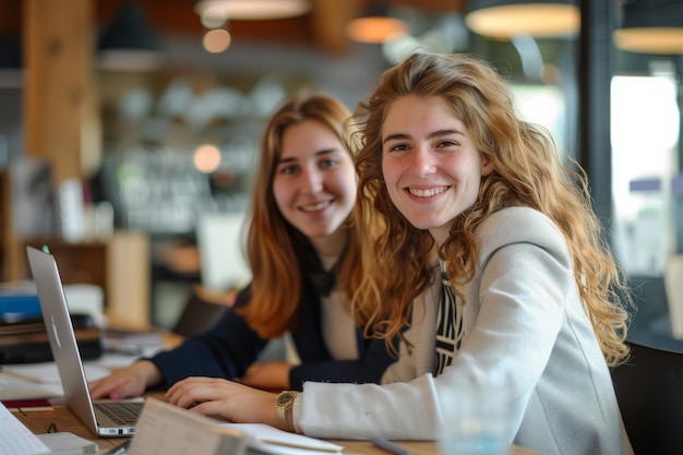 Foto porträt zweier geschäftsfrauen in einem modernen und informellen coworking-büro sie arbeiten mit einem computer und dokumenten sie sind glücklich und mit positiver einstellung konzept von geschäftsleuten