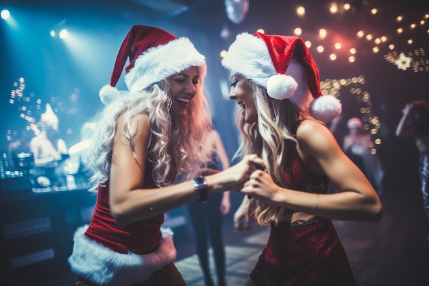 Porträt zweier junger Frauen, die in einem Nachtclub mit Weihnachtsmützen tanzen
