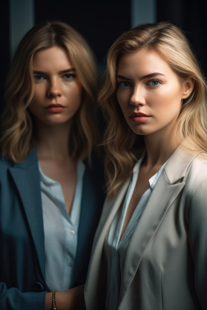 Porträt zweier junger Geschäftsfrauen, die zusammen in einem Büro stehen, das mit generativer KI erstellt wurde