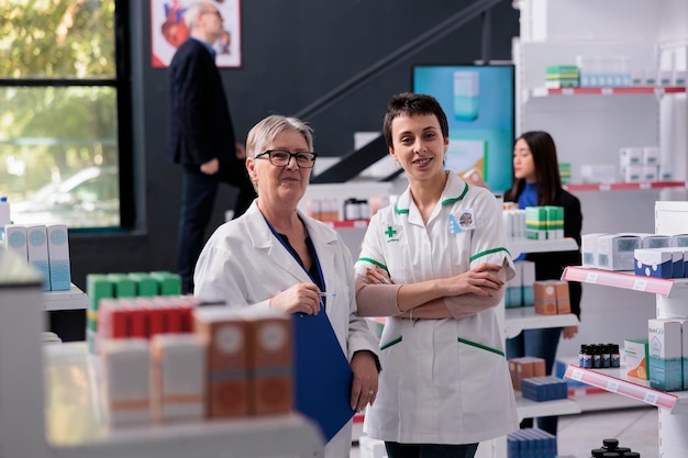 Porträt zweier lächelnder pharmazeutischer Mitarbeiter, die im Gang der Drogerie stehen. Junge und ältere Apothekenfachfrauen in medizinischer Drogerieuniform blicken in die Kamera