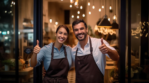 Porträt zweier lächelnder Unternehmer, die einladend zusammen in ihrem trendigen Café stehen. Erstellt mit generativer KI-Technologie