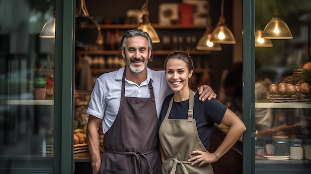 Porträt zweier lächelnder Unternehmer, die einladend zusammen in ihrem trendigen Café stehen. Erstellt mit generativer KI-Technologie