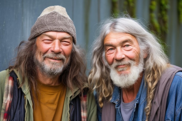 Foto porträt zweier obdachloser männer, die einen tag draußen genießen, erstellt mit generativer ki