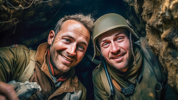Porträt zweier Soldaten in einem Schützengraben im Krieg. Sie lächeln