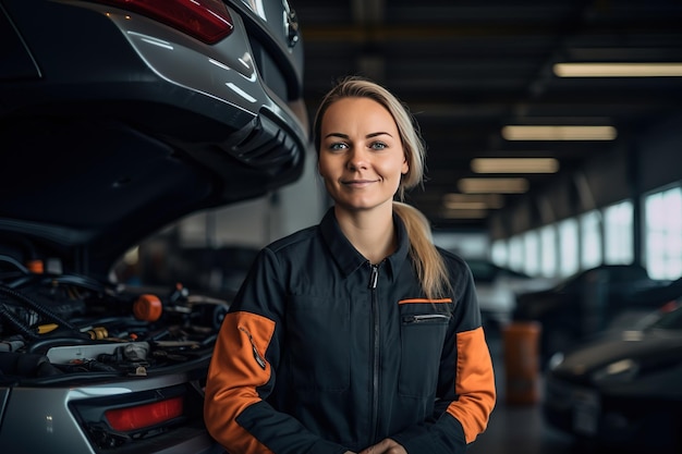 Porträtaufnahme einer Mechanikerin, die in einem Autoservice unter einem Fahrzeug arbeitet