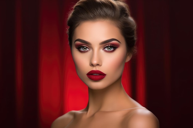 Porträtaufnahme eines Models mit einem glamourösen Make-up-Look für den roten Teppich. Generative KI