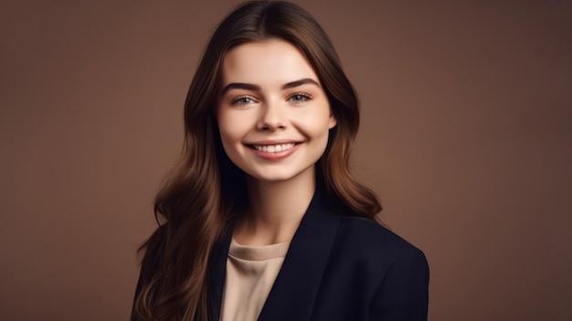Porträtfoto einer jungen, selbstbewussten Frau mit Lächeln auf farbigem Hintergrund