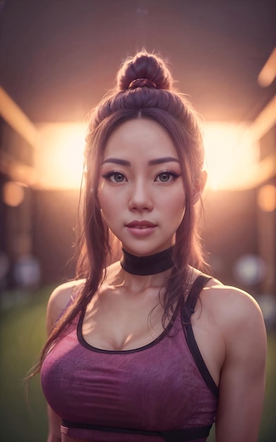 Porträtfoto einer schönen asiatischen Frau im Sport-Trainingsoutfit mit generativer KI